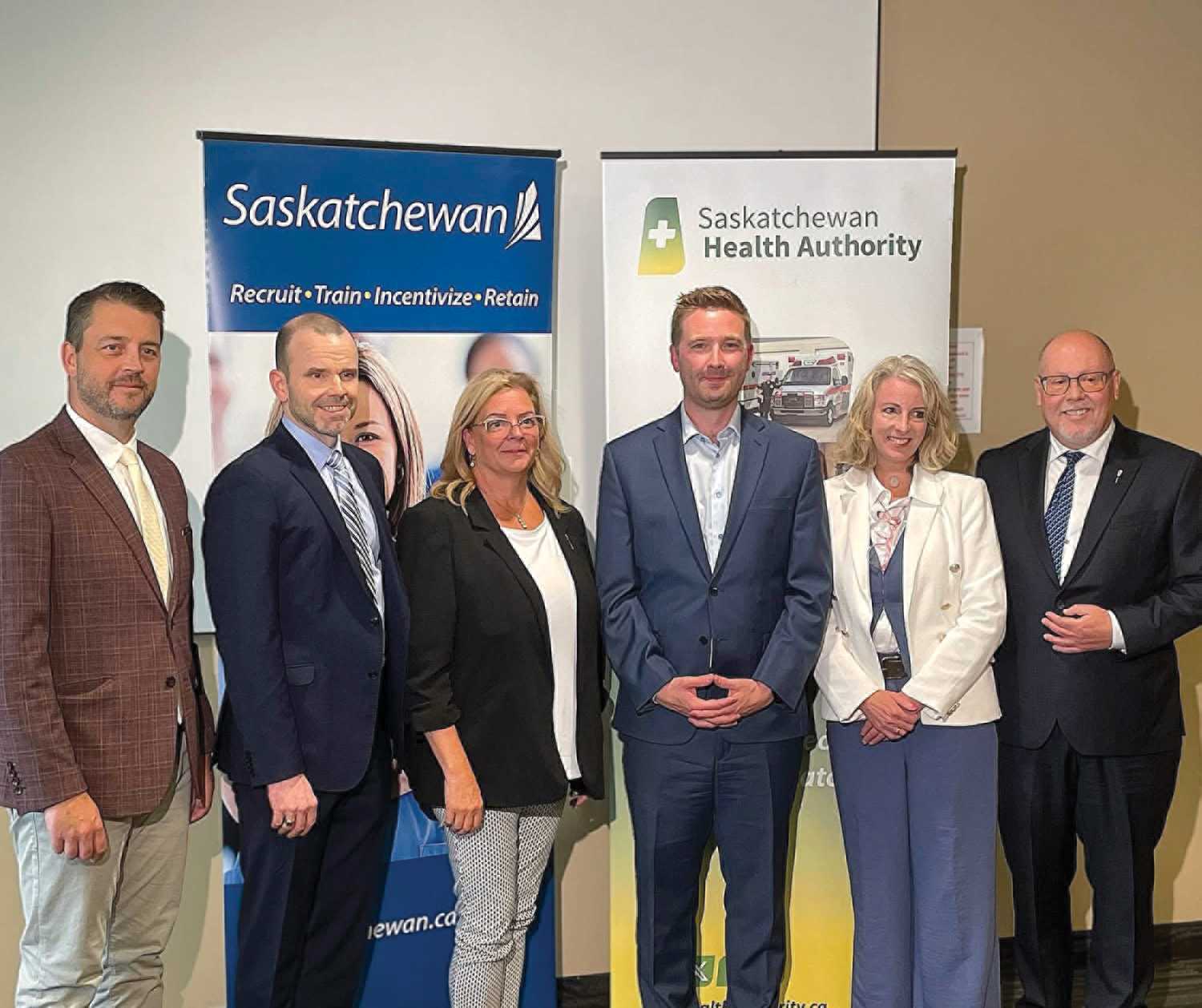From left, Moose Jaw North MLA and Justice Minister, Tim MacLeod, SHA Chief Operating Officer, Derek Miller, Minister of Rural and Remote Health, Lori Carr, Minister of Health, Jeremy Cockrill, MLA of Moose Jaw Wakamow Megan Patterson, and MLA of Moosomin-Montmarte Kevin Weedmark.